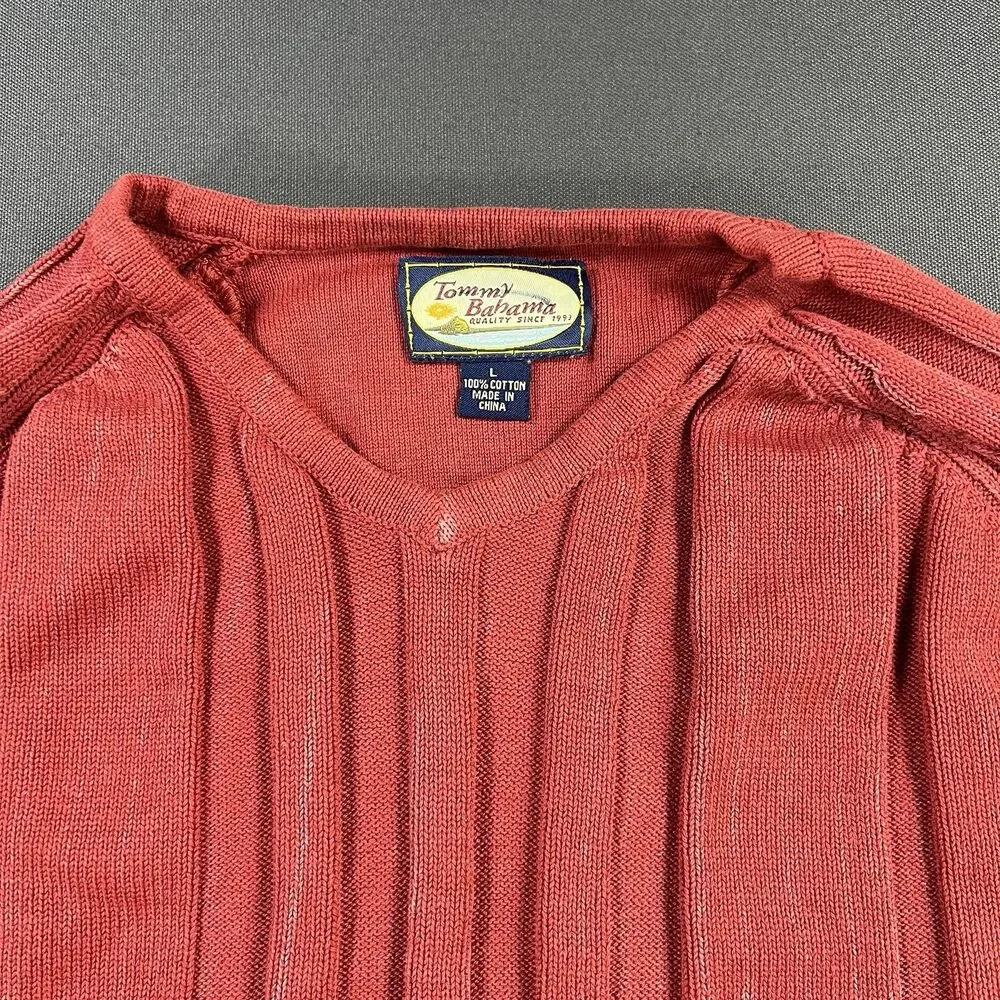 Tommy Bahama Mens L Red Ribbed Knit Sweater 100% Cotton Long Sleeve